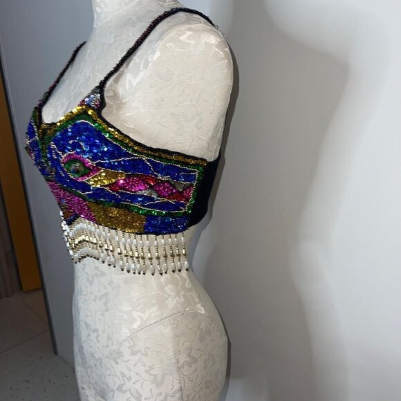 Vintage Sequin Bra Top Size Medium Multicolor Beaded Pearl Fringe Embellished - Picture 9 of 16
